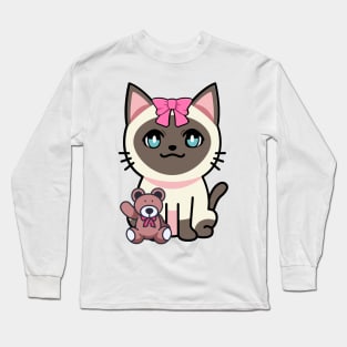 Funny Siamese cat is holding a teddy bear Long Sleeve T-Shirt